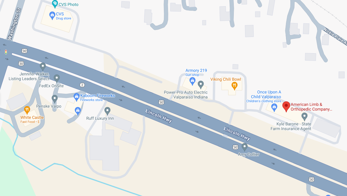A map showing the location of American Limb & Orthopedic Company of Valparaiso.